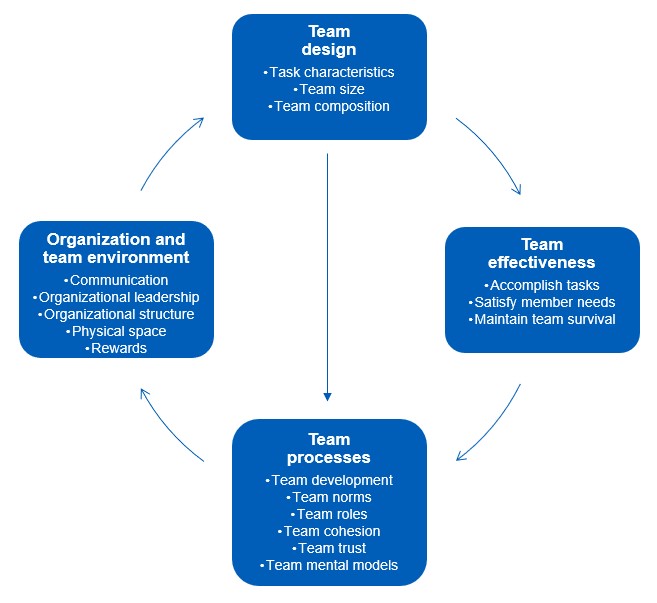 The flowchart diagram titled "Model of Team Design." It consists of four interconnected circular nodes with arrows indicating the flow from one to another in a clockwise direction. Top Circle (Team Design) Title: Team design Bullet points: Task characteristics Team size Team composition Right Circle (Team Effectiveness) Title: Team effectiveness Bullet points: Accomplish tasks Satisfy member needs Maintain team survival Bottom Circle (Team Processes) Title: Team processes Bullet points: Team development Team norms Team roles Team cohesion Team trust Team mental models Left Circle (Organization and Team Environment) Title: Organization and team environment Bullet points: Communication Organizational leadership Organizational structure Physical space Rewards Arrows connect these circles in a cycle, indicating the continuous nature of the team design process.