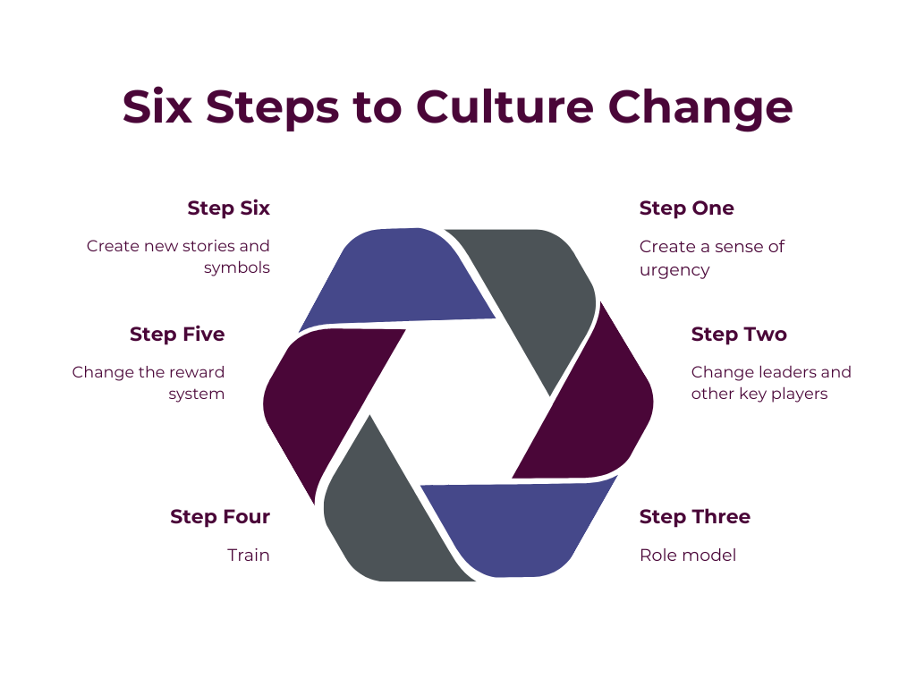 Step One: Create a sense of urgency Step Two: Change leaders and other key players Step Three: Role model Step Four: Train Step Five: Change the reward system Step Six: Create new stories and symbols