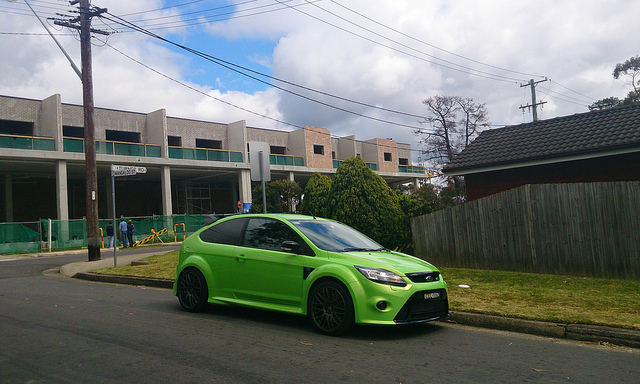 A Ford Focus parked on the street by the University