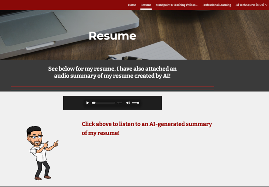 The purpose of this image is to illustrate the Resume section of a teacher candidate's ePortfolio