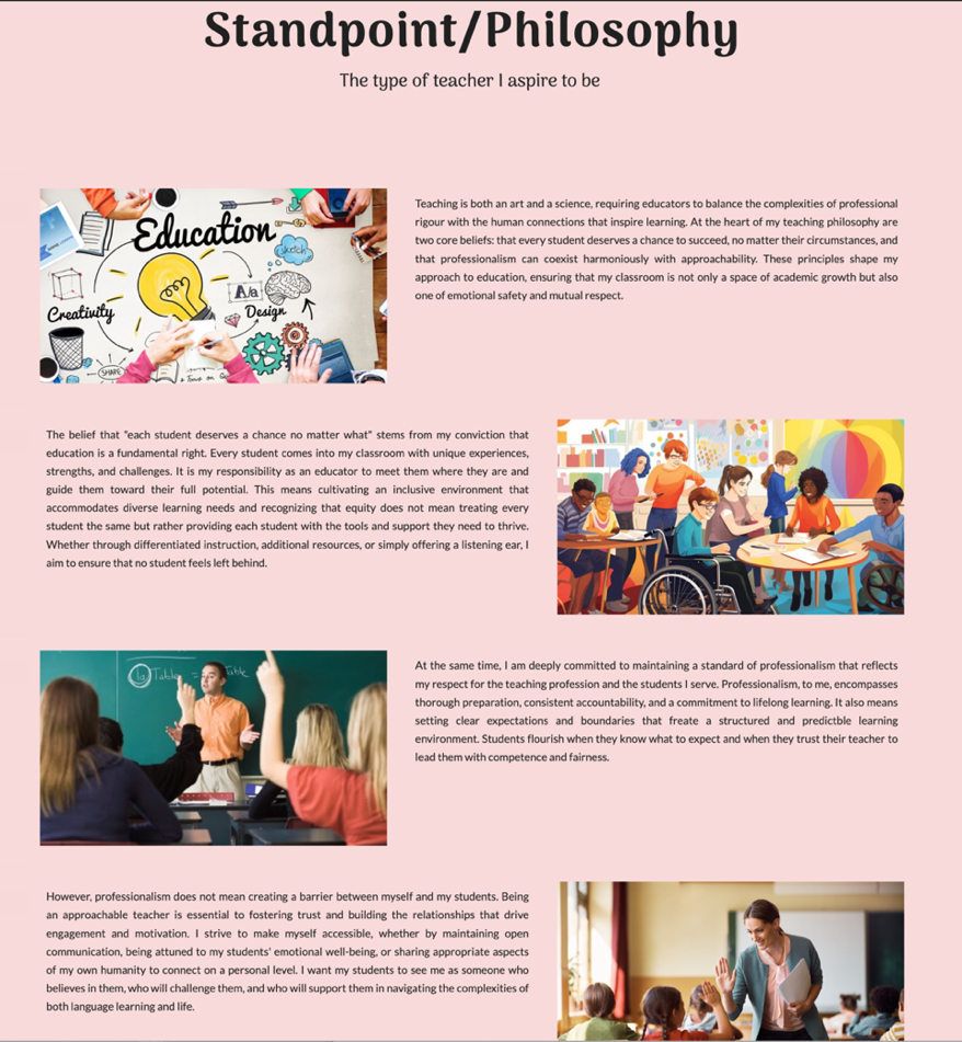 The purpose of this image is to demonstrate the Philosophy section of a teacher candidate's ePortfolio