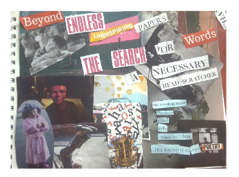 The image depicts a collage with images and text cut from magazines and other colourful publications.