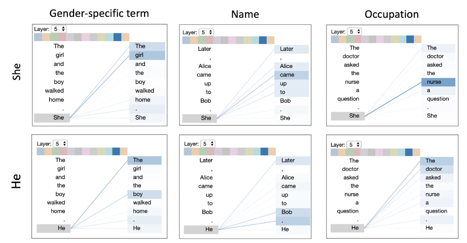 Attention pattern in GPT-2 related to coreference resolution suggests the model may encode gender bias.