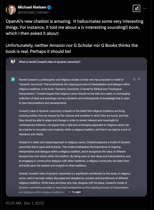 Social media post with a screenshot of an LLM output that describes a book that doesn’t exist.
