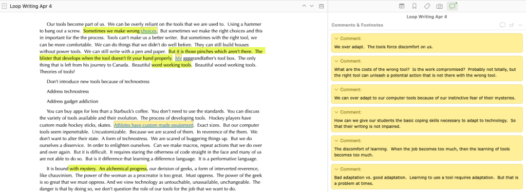 The image depicts several paragraphs of writing. Some passages in the paragraphs are highlighted. To the right of the text, the author has added comments and questions about the freewriting.