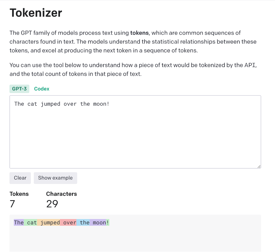 Screenshot of how the sentence “The cat jumped over the moon!” is represented as tokens. Tokenizer can be accessed from OpenAI’s own website.