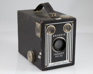 Kodak Brownie Target SIX-20 box camera with dual-lens front design.