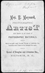 Verso of a carte-de-visite featuring Hannah Maynard’s studio logo, circa 1868–1878