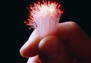 Close-up view of glowing fiber optic tips