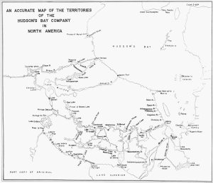 Vintage 1791 map showing territories of the Hudson’s Bay Company in North America.