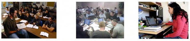 An image of 3 modes of learning. Traditional classroom, a group connected to others online, an individual working online