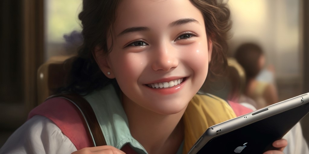 Image of a happy schoolgirl holding an iPad.