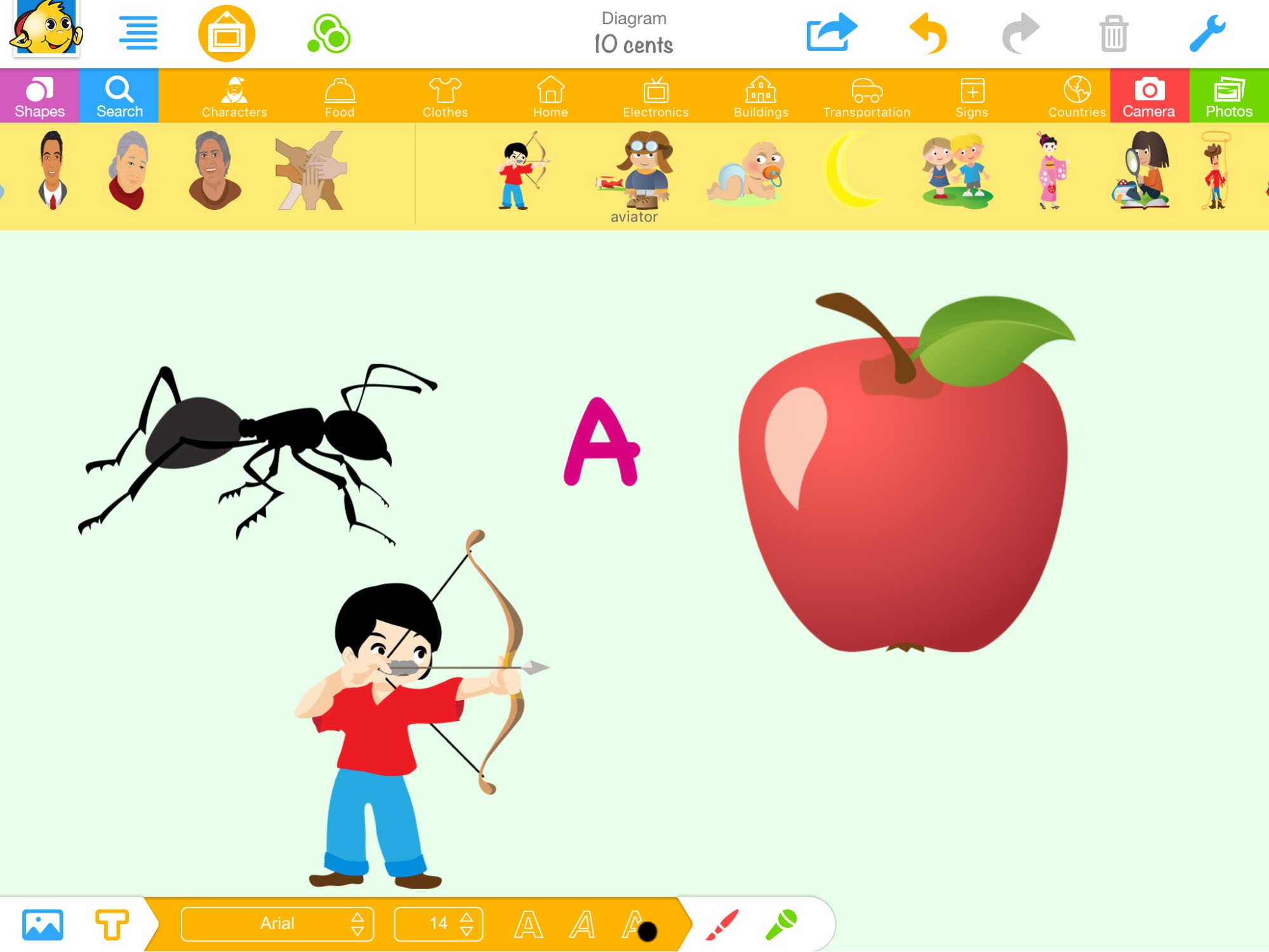 A screen shot a A with ant, apple, and archer.