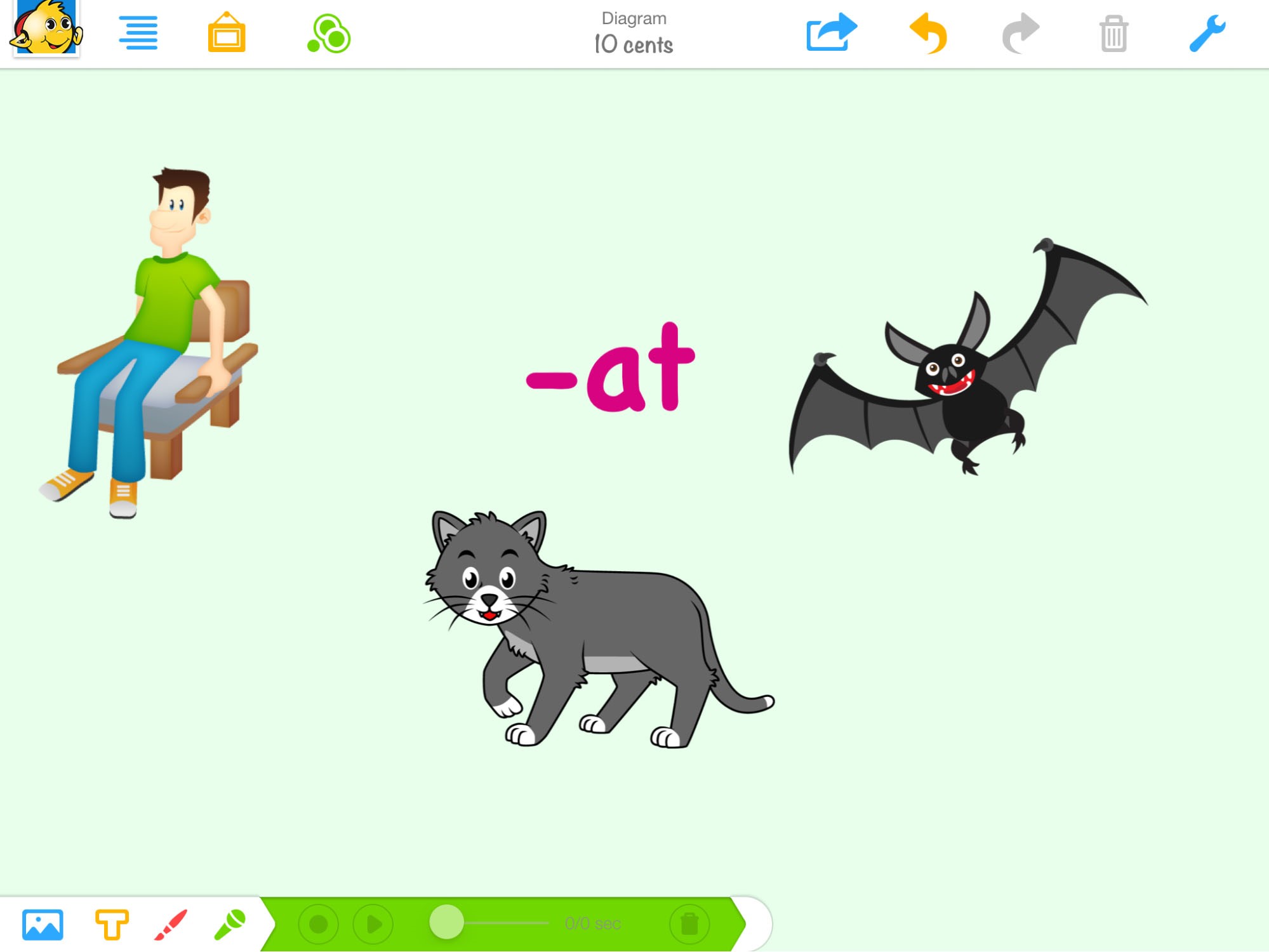 A screen shot of -at with a bat, cat, and a man who sat.