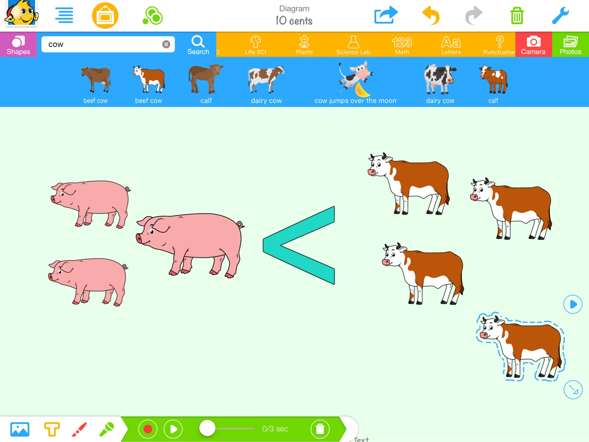 Screen shot of 3 pigs and 4 cows. The students compare by using the correct inequality sign. < >