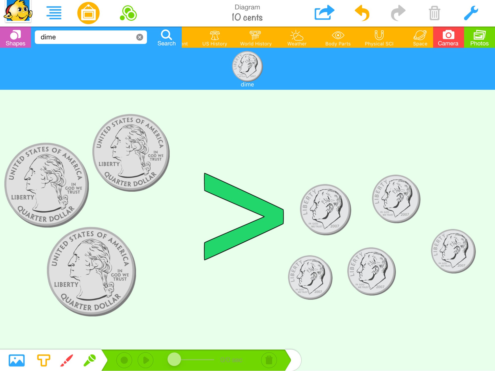 Screen shot of coins. The students compare by using the correct inequality sign. < >