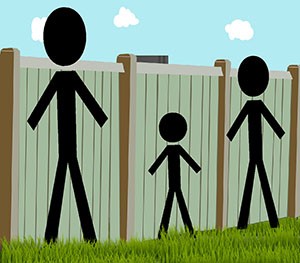 Image of 3 people of different sizes looking over a fence barrier. Only one person is tall enough to see over the fence.