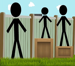 Image of 3 people of different sizes looking over a fence barrier. Everyone can see over the fence because different sized boxes are available to help the shorter people.
