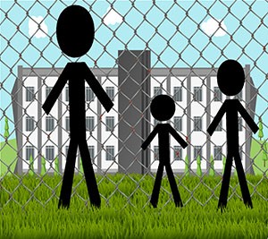 Image of 3 people of different sizes looking through a chain link fence. The fence does not create a visual barrier.
