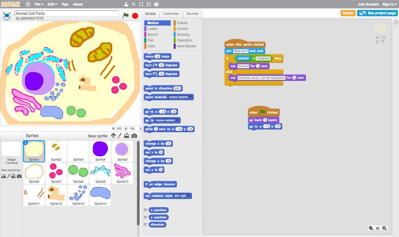 Interactive Scratch project of cell with cell parts that can be labeled.