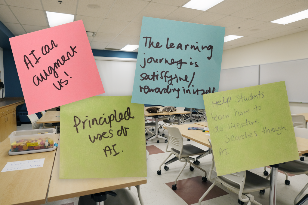 Empty classroom with light wood tables, white roller chairs, and white boards on two walls, overlaid with four post-it notes with feedback comments. Comments include "AI can augment us!," "the learning journey is satisfying/rewarding in itself," "principled uses of AI," and "help student learn how to do literature searches through AI."