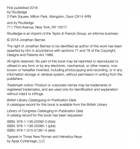 Image of the copyright page from an ebook by J. Barnes titled Applying cross-curricular approaches creatively. Image shows all the publication information for the ebook. Key information is the publication date 2018, the publishers Routledge, and author Jonathan Barnes.