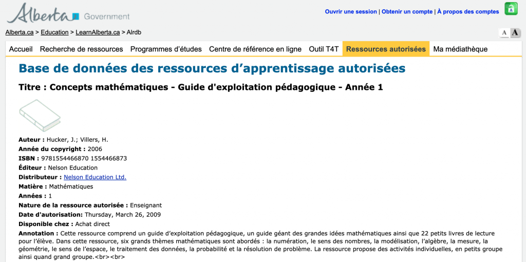 Notice dans LearnAlberta de Concepts Maths