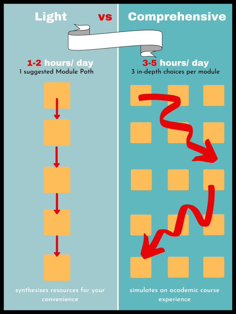 This pictures compares the light with the Comprehensive streams showing that the former follows a single path that requires less time and works with synthesized resources while the latter simulates an academic course experience by offering choices for in-depth choices for every module.