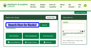 Image of the library home page and the main search bar