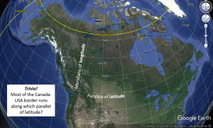 Figure T8: The geographic grid system is comprised of meridians of longitude and parallels of latitude. Meridians of longitude run north-south whereas parallels of latitude run east-west.