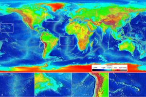 Figure 1.1.2: Ocean floor bathymetry (and continental topography). Inset (a): the mid-Atlantic ridge, (b): the Newfoundland continental shelf, (c): the Nazca trench adjacent to South America, and (d): the Hawaiian Island chain.