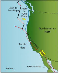 Figure 1.2.7: The San Andreas Fault extends from the north end of the East Pacific Rise in the Gulf of California to the southern end of the Juan de Fuca Ridge. All of the red lines on this map are transform faults.