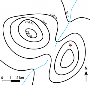 Figure 8.3.3: Example of a 1:50,000 scale topographic map including contour lines with a contour interval of 50 m.