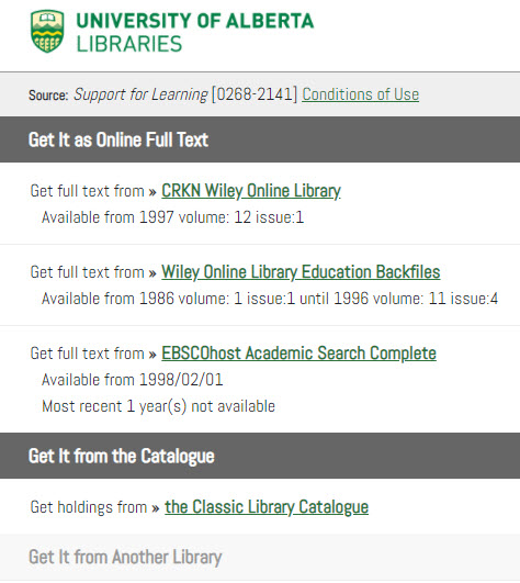 GetIt List of Access Points for the Journal Support for Learning