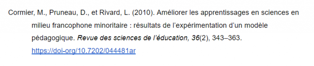 Référence pour l'article Améliorer les apprentissages en sciences en milieu francophone minoritaire : résultats de l’expérimentation d’un modèle pédagogique