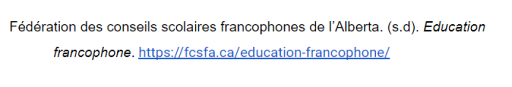 Référence pour le site Web Fédération des conseils scolaires francophones de l’Alberta