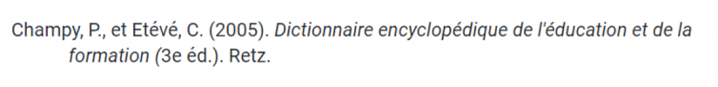 Référence pour le Dictionnaire encyclopédique de l'éducation et de la formation