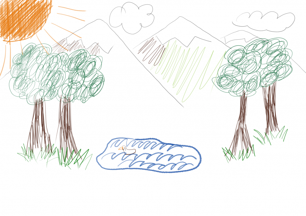 Child's landscape drawing - aerial mountains, sun on the left, framing trees, pond with a duck at center