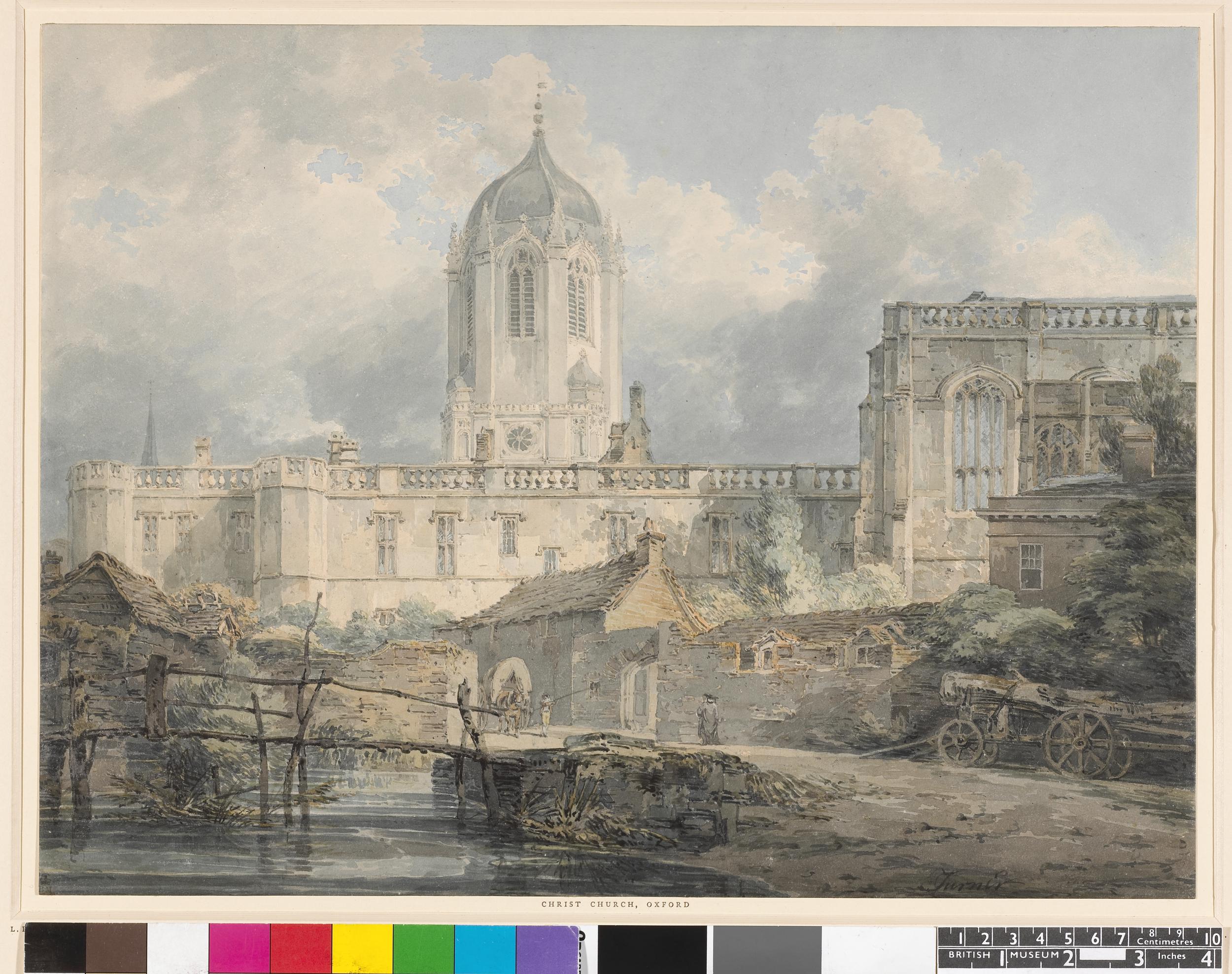 Christ Church, Oxford; the building with tower, seen beyond low buildings on either side of a lane which comes into the foreground, a river with wooden bridge at left. c.1794 Watercolour