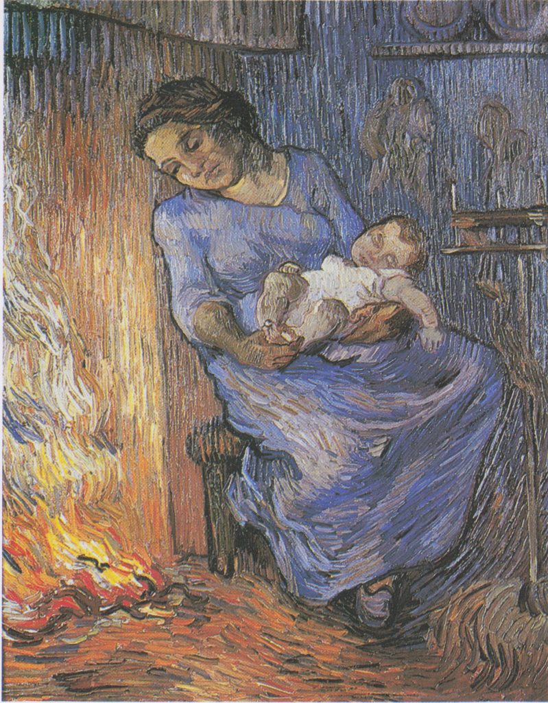 A woman in a blue dress sits beside a fireplace sleeping with a sleeping infant in her lap