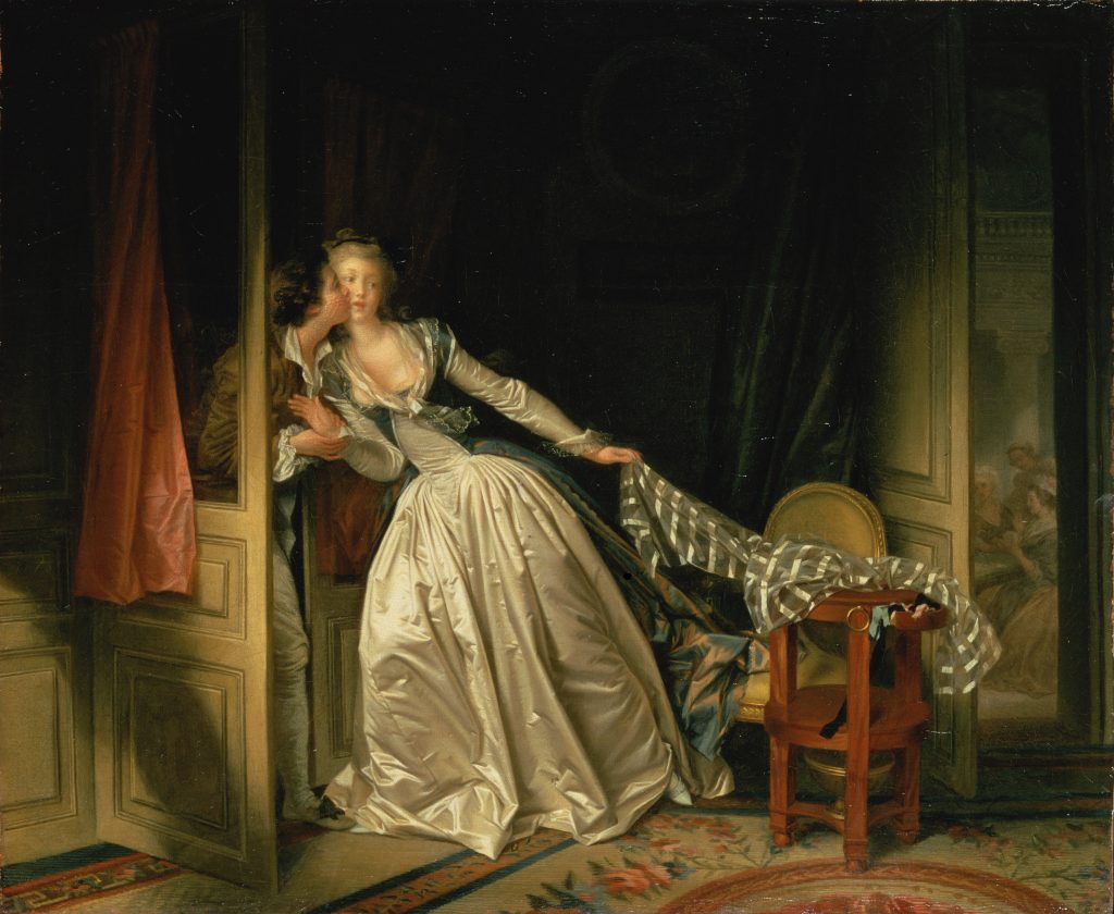 A young man leans in a door to kiss the cheek of a young woman who is picking up a scarf off of a chair in the room. A party of people can be seen in through the open door of an adjacent room