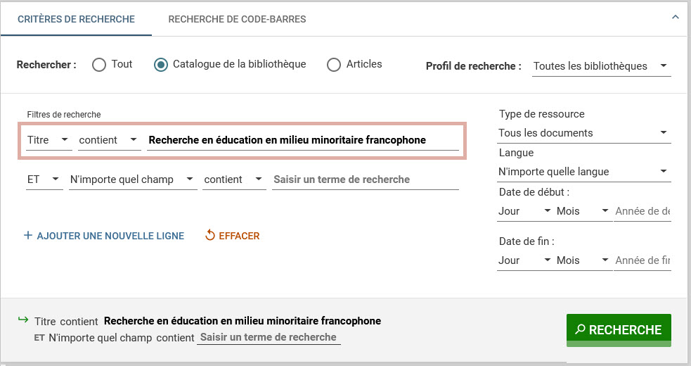 Recherche avancée dans le catalogue de la bibliothèque