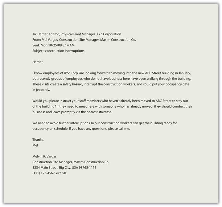 Sample business letter sent via email showing the various functions separated by white space. Recipient and sender’s information, along with the date and subject, appear at the top, followed by the personalized greeting, introduction, details, call to action, goodwill close, and signature block of the sender.