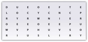 Diagram of a word search containing 48 random letters, organized into 6 rows and 8 columns.