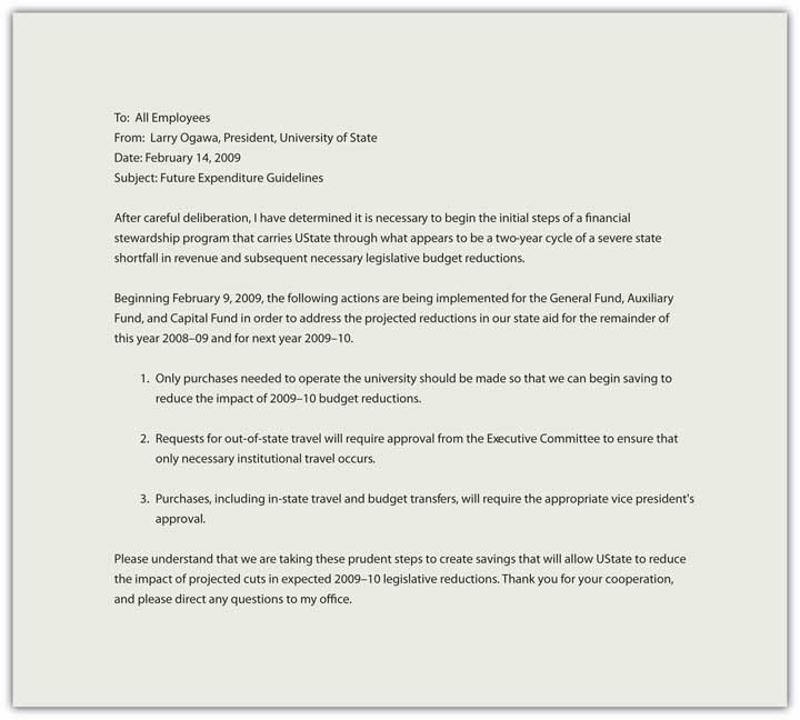 Sample business letter sent via email showing the various functions separated by white space. Recipient and sender’s information, along with the date and subject, appear at the top, followed by the personalized greeting, introduction, details, call to action, goodwill close, and signature block of the sender.