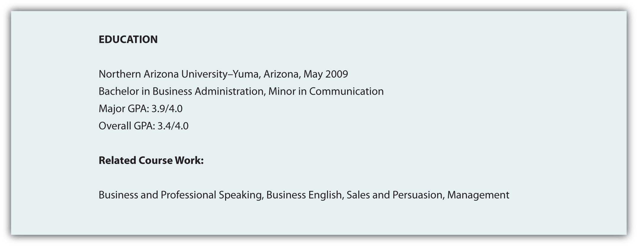 Sample Education field showing Education as the 1st level heading, in bold all caps, followed by the school name, degree, and GPA in title case. Below that is the 2nd level heading Related Course Work, formatted in bold title case, followed by a horizontal list of four courses in title case.