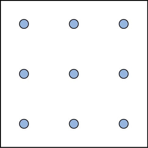 A square shaped outline contains three rows and three columns of dots with equal space between them.