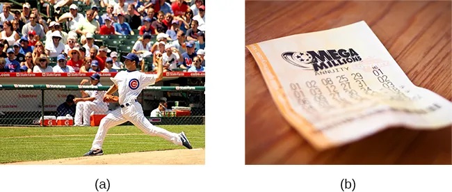 Photograph A shows a pitcher for the Cubs on the mound. Photograph B shows a lottery ticket.