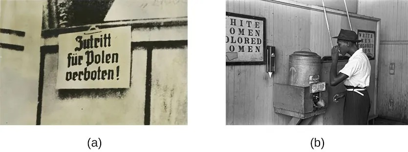 Photograph A shows a sign written in German. Photograph B shows a man drinking at a drinking fountain. Photograph C shows two people holding signs with hate messages.